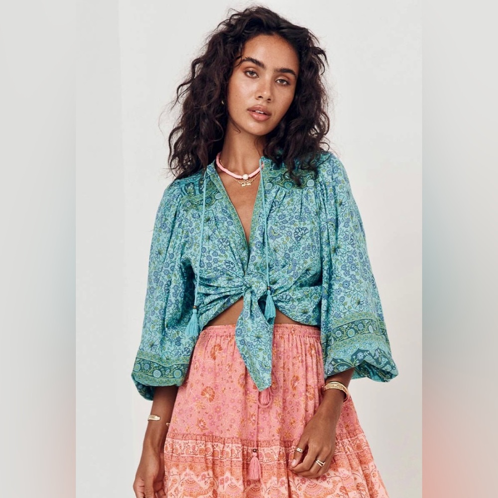 Spell Turquoise Floral Peasant Blouse - Picture 2 of 16